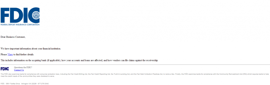 Spamvertised &quot;FDIC Your business account&quot; themed emails