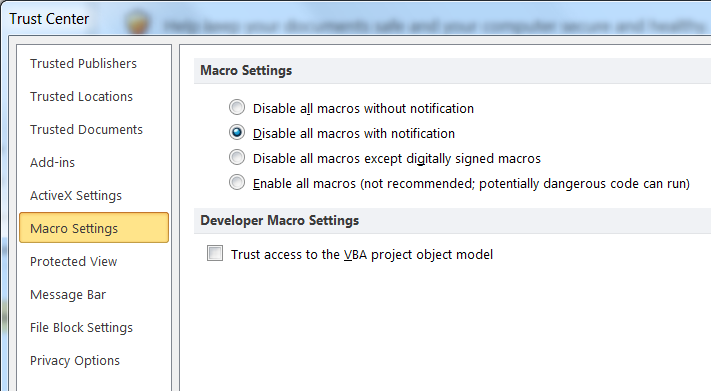 Macros disabled. Trust Center. Disable all macros except digitally signed macros.. Trust x ray macro settings. The macros is this Project are disabled in Word.